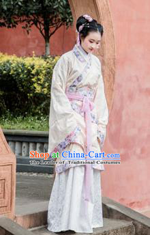 Traditional Chinese Han Dynasty Young Lady Costume, China Ancient Hanfu Dress Imperial Concubine Embroidery Clothing for Women