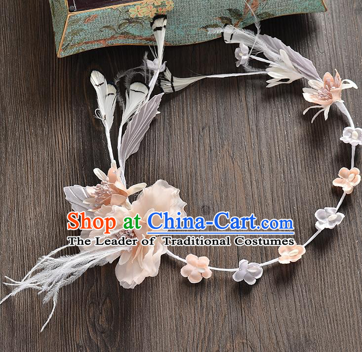 Top Grade Handmade Chinese Classical Hair Accessories Baroque Style Light Pink Flowers Feather Garland, Bride Hair Sticks Hair Clasp for Women