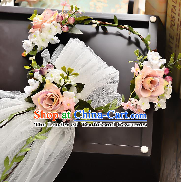 Top Grade Handmade Chinese Classical Hair Accessories Baroque Style Wedding Pink Flowers Headband Garland and Veil, Bride Hair Sticks Hair Clasp for Women