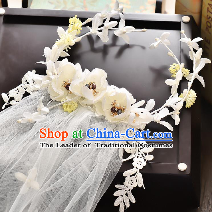 Top Grade Handmade Chinese Classical Hair Accessories Baroque Style Wedding White Lace Flowers Garland and Veil, Bride Hair Sticks Hair Clasp for Women