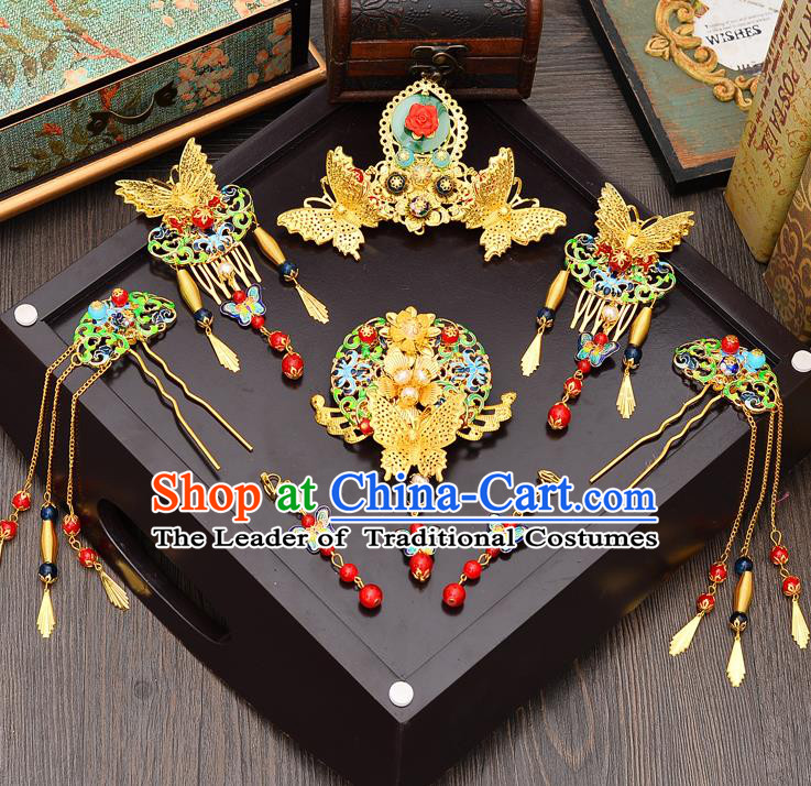 Traditional Handmade Chinese Ancient Classical Hair Accessories Xiuhe Suit Cloisonn Butterfly Hairpin Phoenix Coronet Complete Set, Step Shake Hair Sticks Hair Jewellery for Women