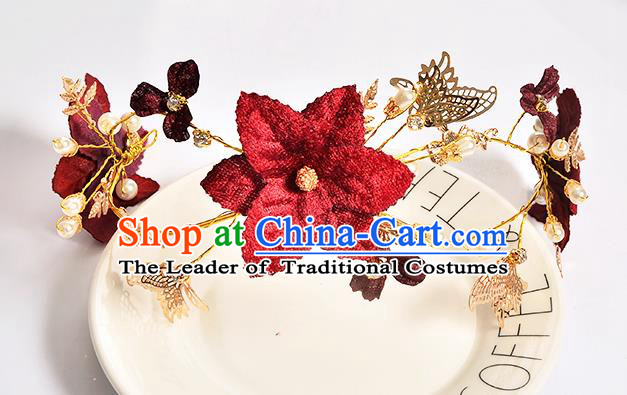 Top Grade Handmade Chinese Classical Hair Accessories Baroque Style Wedding Red Butterfly Flowers Headband Bride Hair Clasp for Women