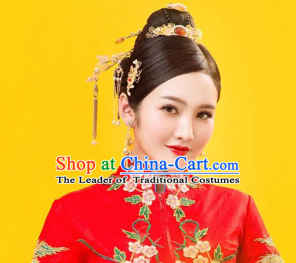 Traditional Handmade Chinese Ancient Wedding Hair Accessories Xiuhe Suit Phoenix Coronet Tassel Step Shake Complete Set, Bride Hanfu Hairpins Hair Sticks Hair Jewellery for Women