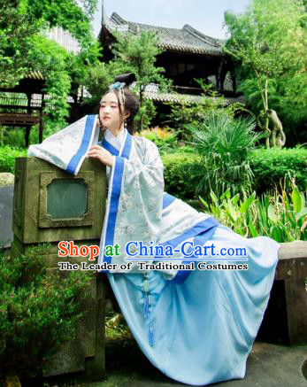 Traditional Chinese Han Dynasty Imperial Consort Hanfu Costume Blue Curve Bottom, China Ancient Dress Palace Princess Peri Printing Clothing for Women