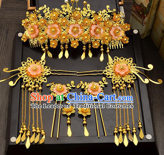 Traditional Handmade Chinese Ancient Wedding Hair Accessories Xiuhe Suit Pink Shell Tassel Phoenix Coronet Complete Set, Bride Hair Sticks Hair Jewellery for Women