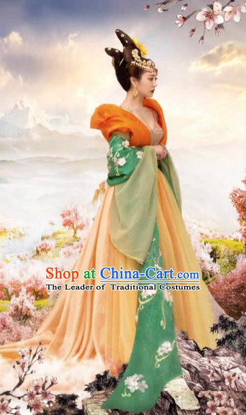 Traditional Chinese Tang Dynasty Imperial Princess Embroidery Costume and Headpiece Complete Set, Once Upon a Time Chinese Ancient Palace Lady Hanfu Dress for Women