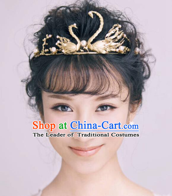 Top Grade Handmade Hair Accessories Baroque Style Wedding Crystal Golden Swan Royal Crown, Bride Princess Hair Kether Jewellery Imperial Crown for Women