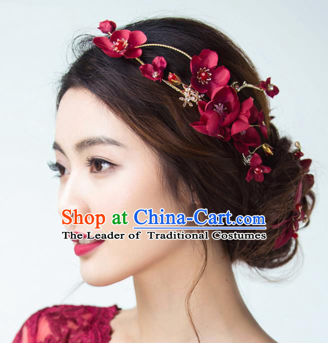 Top Grade Handmade Chinese Classical Hair Accessories Princess Wedding Red Flowers Hair Clasp Headband Bride Headwear for Women