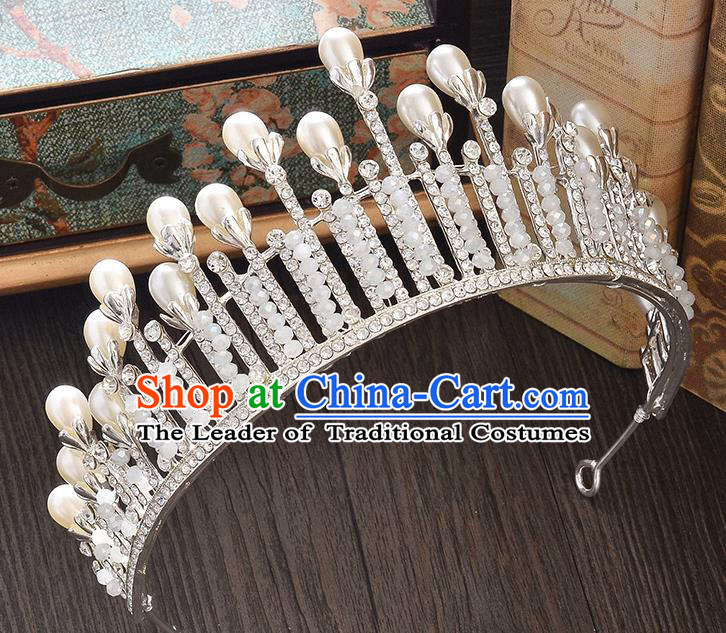 Top Grade Handmade Hair Accessories Baroque Style Wedding Crystal White Pearls Royal Crown, Bride Princess Hair Kether Jewellery Imperial Crown for Women