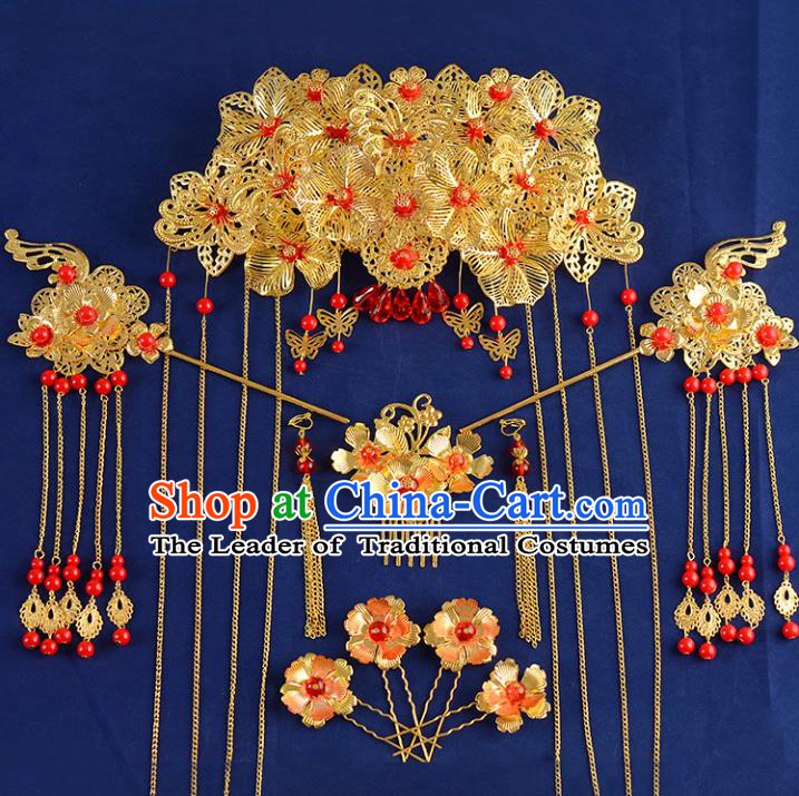 Traditional Handmade Chinese Ancient Wedding Hair Accessories Xiuhe Suit Phoenix Coronet Hairpins Complete Set, Bride Step Shake Hanfu Hair Fascinators for Women