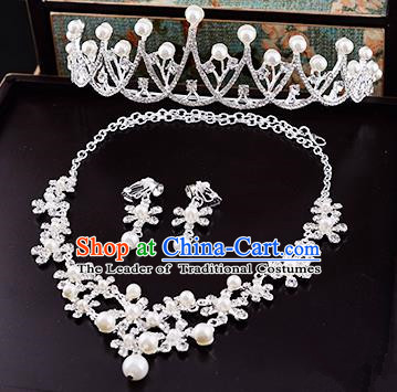 Top Grade Handmade Chinese Classical Jewelry Accessories Queen Wedding Crystal Flower Pearls Royal Crown Necklace and Earrings Bride Headgear for Women
