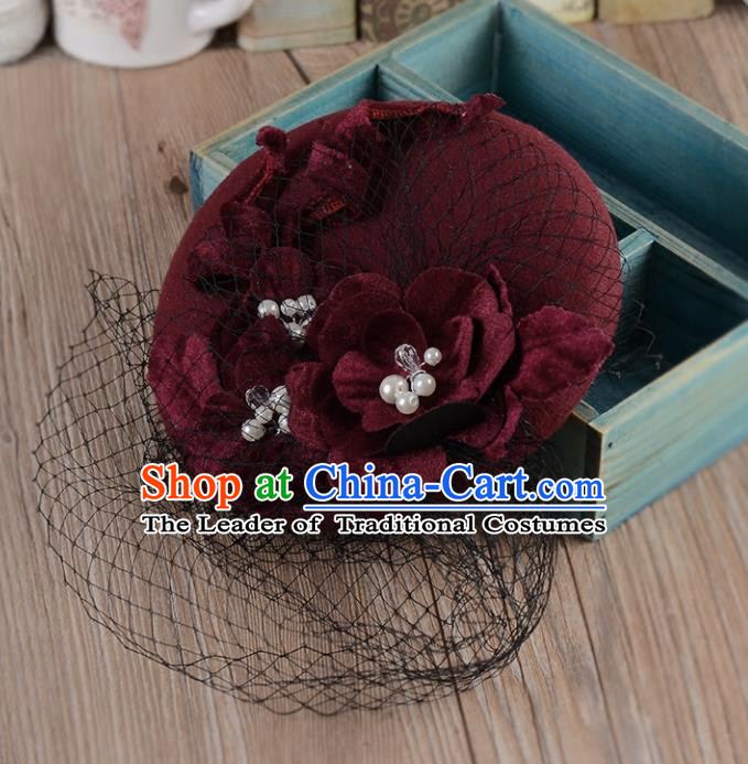 Top Grade Handmade Chinese Classical Hair Accessories Princess Wedding Wine Red Veil Hat Top Hat Bride Headwear for Women