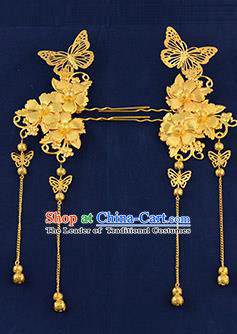 Traditional Handmade Chinese Ancient Wedding Hair Accessories Xiuhe Suit Golden Butterfly Tassel Hairpins, Bride Step Shake Hanfu Hair Sticks Hair Fascinators for Women