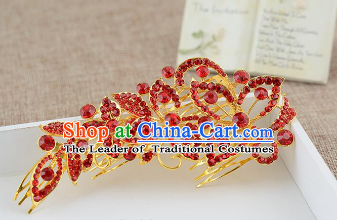 Top Grade Handmade Hair Accessories Baroque Luxury Red Crystal Butterfly Hair Comb, Bride Wedding Hair Kether Jewellery Princess Imperial Crown for Women