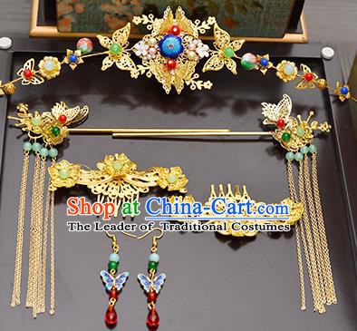 Traditional Handmade Chinese Ancient Costume Wedding Xiuhe Suit Hair Accessories Complete Set Cloisonne Butterfly Phoenix Coronet, Bride Palace Lady Tassel Step Shake Hanfu Hairpins for Women