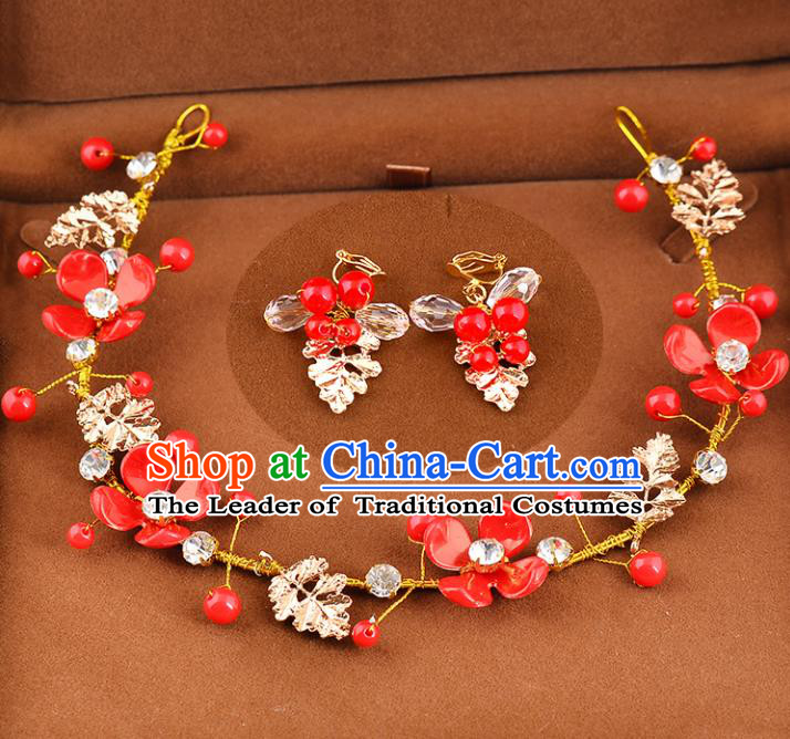 Top Grade Handmade Chinese Classical Hair Accessories Princess Wedding Baroque Red Flowers Hair Clasp and Earrings Bride Headband for Women