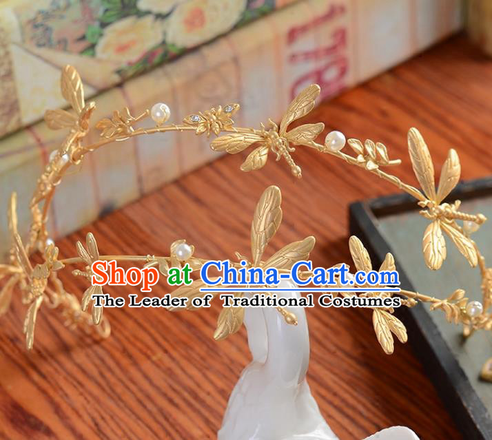 Top Grade Handmade Chinese Classical Hair Accessories Princess Wedding Baroque Golden Dragonfly Hair Clasp Bride Headband Headwear for Women