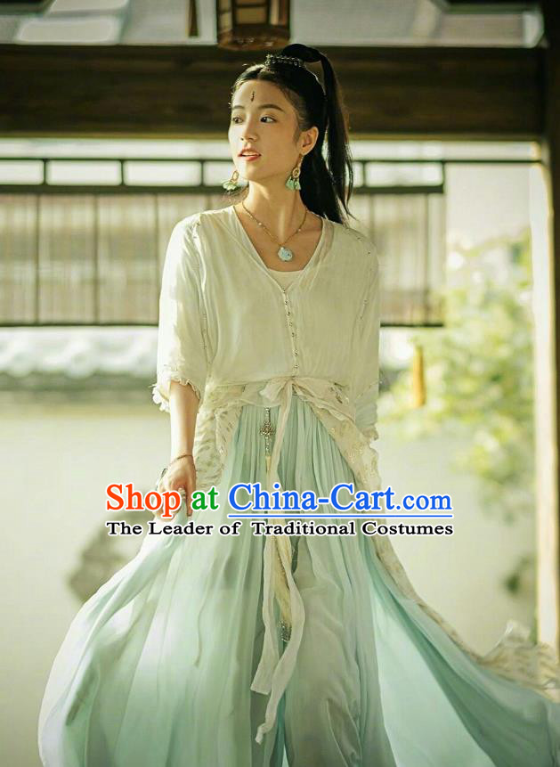 Traditional Chinese Ancient Times Swordswoman Fairy Costume and Headpiece Complete Set, Xuan-Yuan Sword Legend  The Clouds of Han Chinese Chivalrous Women Hanfu Dress