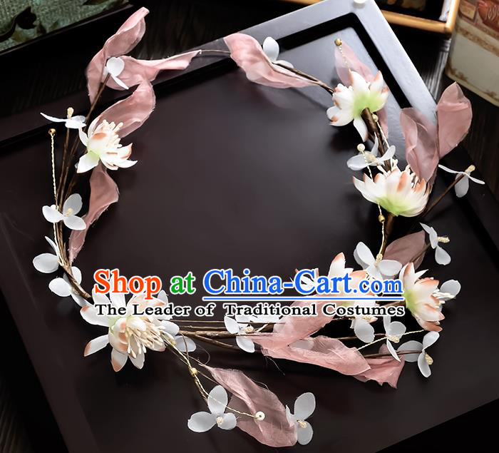 Top Grade Handmade Chinese Classical Hair Accessories Princess Wedding Baroque Pink Silk Leaf Flowers Garland Hair Clasp Headband Bride Headband for Women
