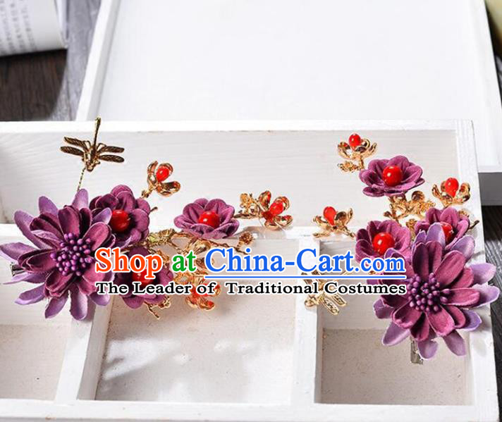 Top Grade Handmade Chinese Classical Hair Accessories Princess Wedding Baroque Headwear Purple Flowers Headband Hair Stick for Women