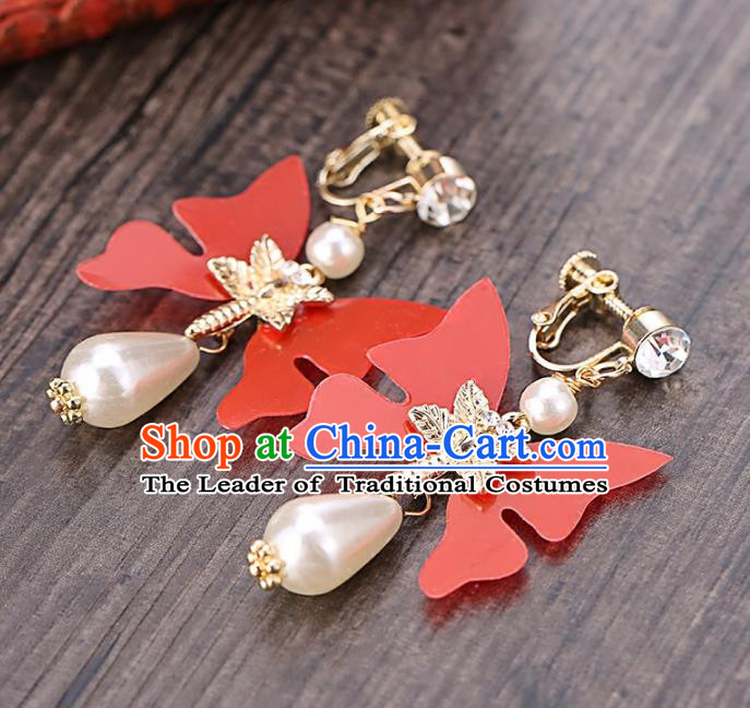 Top Grade Handmade Chinese Classical Jewelry Accessories Wedding Red Butterfly Tassel Ear Stud Bride Hanfu Earrings for Women