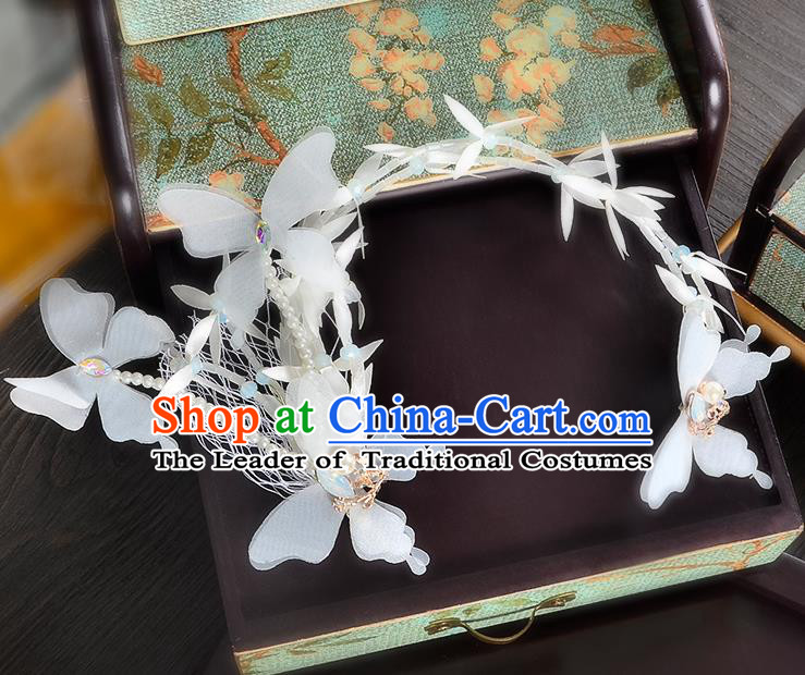 Top Grade Handmade Chinese Classical Hair Accessories Princess Wedding Baroque Headwear White Butterfly Flowers Hair Clasp Bride Headband for Women