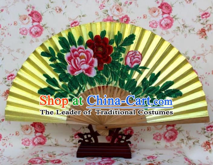 Traditional Chinese Crafts Peking Opera Folding Fan China Sensu Printing Flowers Golden Paint Fan for Women