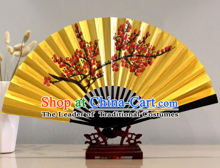 Traditional Chinese Crafts Peking Opera Folding Fan China Sensu Printing Flowers Golden Paper Fan for Women
