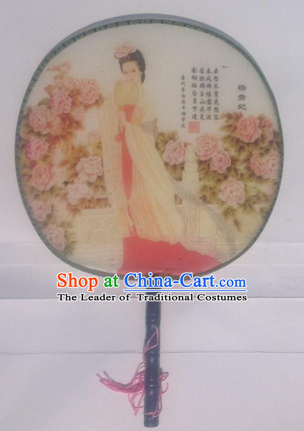 Traditional Chinese Crafts Ancient Palace Lady Dance Round Silk Fan, China Hand Painting Beauty Lady Yang Imperial Concubine Hanfu Circular Fan for Women