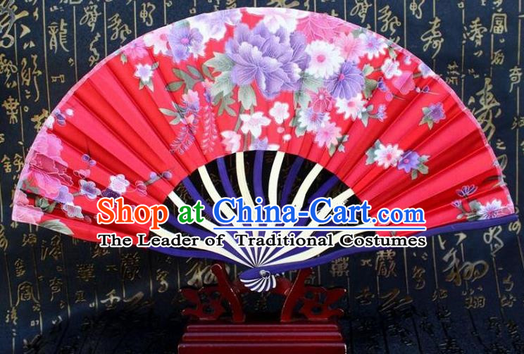 Traditional Chinese Crafts Peking Opera Folding Fan China Sensu Printing Flowers Japan Red Silk Fan for Women