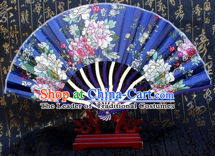 Traditional Chinese Crafts Peking Opera Folding Fan China Sensu Printing Flowers Japan Blue Silk Fan for Women
