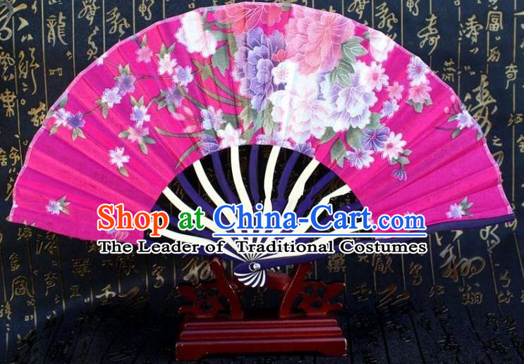 Traditional Chinese Crafts Peking Opera Folding Fan China Sensu Printing Flowers Japan Rosy Silk Fan for Women
