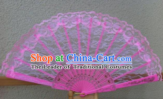 Traditional Chinese Crafts Peking Opera Folding Fan China Sensu Handmade Chinese Dance Pink Lace Fan for Women
