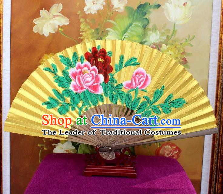 Traditional Chinese Crafts Peking Opera Folding Fan China Sensu Handmade Chinese Painting Peony Golden Paint Fan for Women