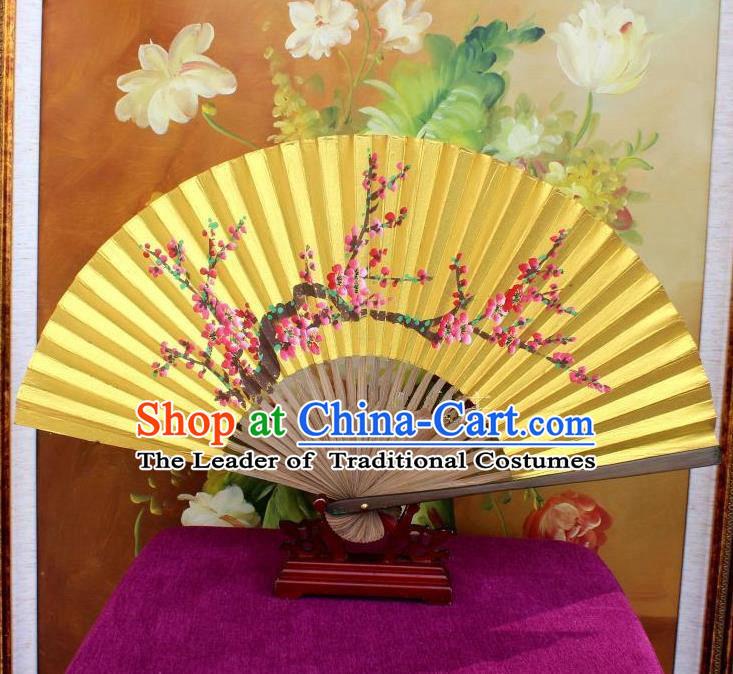 Traditional Chinese Crafts Peking Opera Folding Fan China Sensu Handmade Chinese Painting Plum Blossom Golden Paint Fan for Women