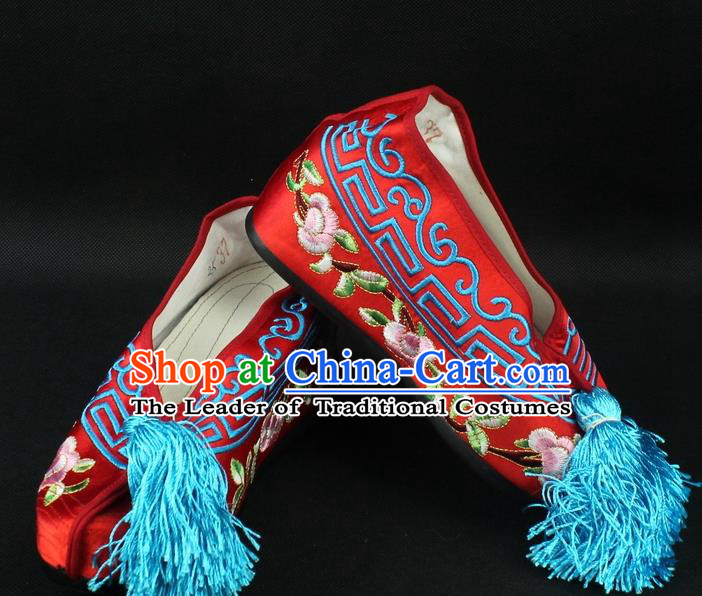 Traditional China Beijing Opera Hua Tan Diva Embroidered Shoes, Ancient Chinese Peking Opera Young Lady Red Princess Blood Stained Shoes