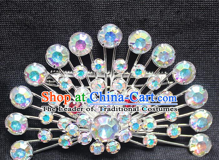 Traditional China Beijing Opera Young Lady Jewelry Accessories Collar Brooch, Ancient Chinese Peking Opera Hua Tan Diva Colorful Crystal Fanshaped Breastpin