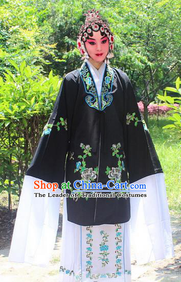 Traditional China Beijing Opera Young Lady Hua Tan Costume Embroidered Black Cape, Ancient Chinese Peking Opera Female Diva Embroidery Dress Clothing