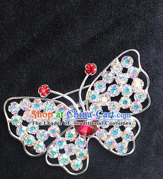Traditional China Beijing Opera Young Lady Jewelry Accessories Collar Brooch, Ancient Chinese Peking Opera Hua Tan Diva Colorful Red Crystal Butterfly Breastpin