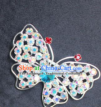 Traditional China Beijing Opera Young Lady Jewelry Accessories Collar Brooch, Ancient Chinese Peking Opera Hua Tan Diva Colorful Blue Crystal Butterfly Breastpin
