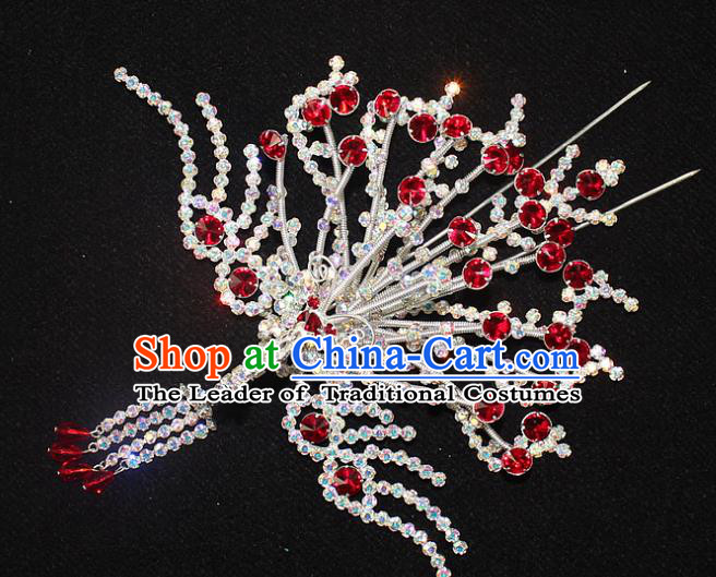 Traditional China Beijing Opera Young Lady Hair Accessories Phoenix Step Shake, Ancient Chinese Peking Opera Hua Tan Headwear Diva Red Crystal Empress Hairpins