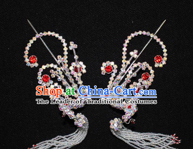 Traditional China Beijing Opera Young Lady Hair Accessories Tassel Step Shake, Ancient Chinese Peking Opera Hua Tan Headwear Diva Red Crystal Empress Phoenix Hairpins