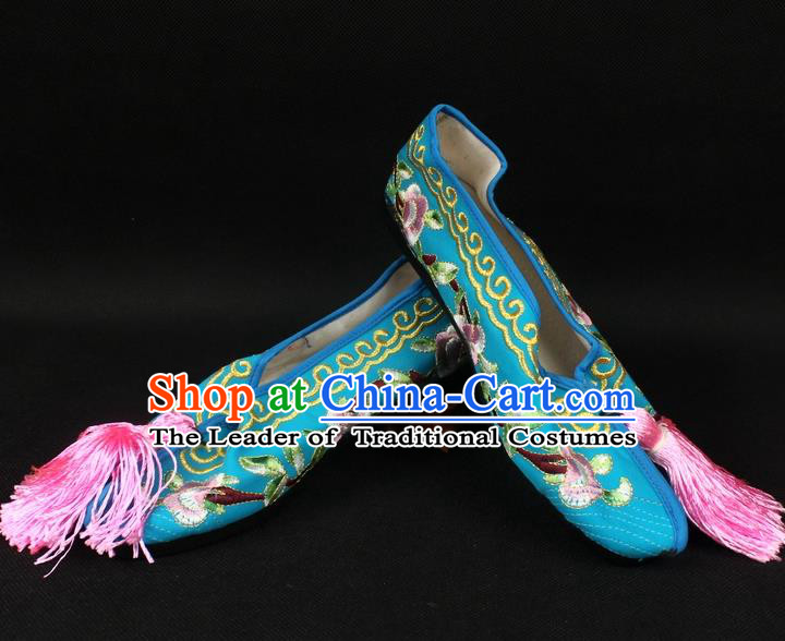 Traditional China Beijing Opera Hua Tan Embroidered Blue Shoes, Ancient Chinese Peking Opera Young Lady Diva Princess Blood Stained Shoes