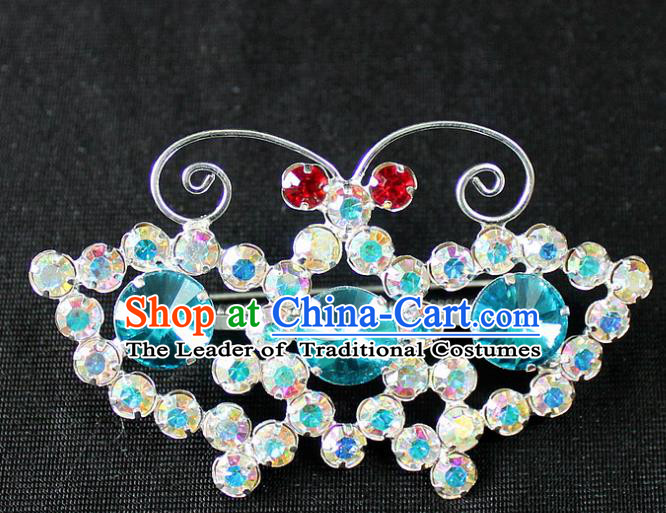 Traditional China Beijing Opera Young Lady Jewelry Accessories Butterfly Brooch, Ancient Chinese Peking Opera Hua Tan Diva Blue Crystal Breastpin