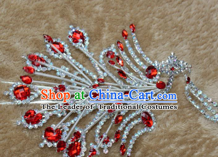 Traditional China Beijing Opera Young Lady Hair Accessories Red Crystal Phoenix Step Shake, Ancient Chinese Peking Opera Hua Tan Headwear Diva Hairpins