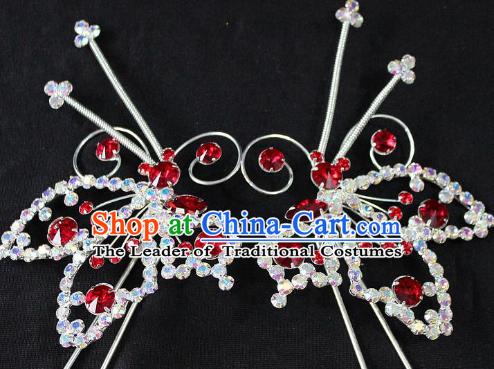 Traditional China Beijing Opera Young Lady Hair Accessories, Ancient Chinese Peking Opera Hua Tan Diva Red Crystal Butterfly Hairpins