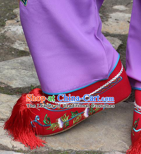 Traditional China Beijing Opera Hua Tan Embroidered Shoes, Ancient Chinese Peking Opera Young Lady Diva Princess Red Blood Stained Shoes