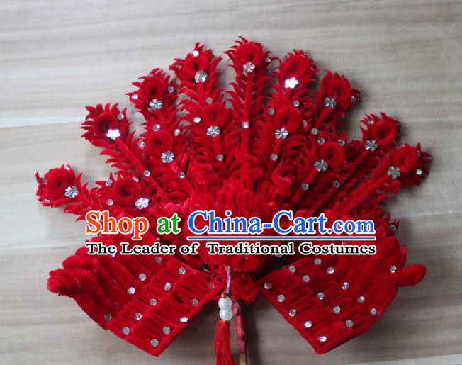 Traditional China Beijing Opera Young Lady Hair Accessories Red Lint Phoenix Tassel Step Shake, Ancient Chinese Peking Opera Hua Tan Headwear Diva Hairpins