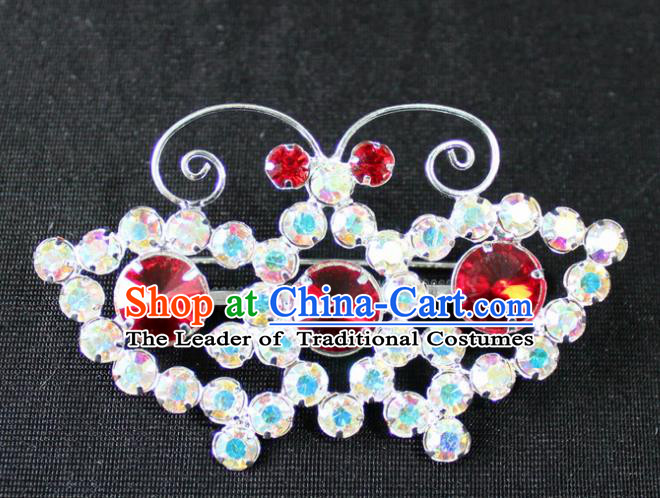 Traditional China Beijing Opera Young Lady Jewelry Accessories Butterfly Brooch, Ancient Chinese Peking Opera Hua Tan Diva Red Crystal Breastpin