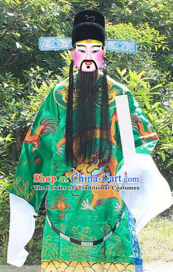 Traditional China Beijing Opera Costume Bao Zheng Embroidered Robe and Headwear, Ancient Chinese Peking Opera Embroidery Green Gwanbok Clothing